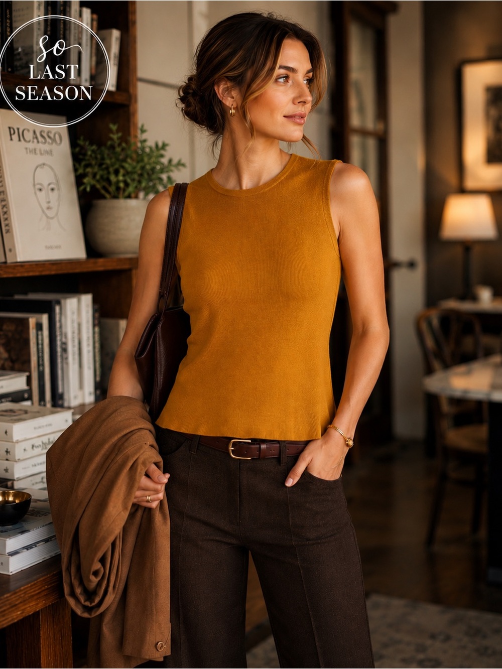 Vintage Joseph A. Silk Blend Sleeveless Knit Shell Top Mustard Gold Size S
